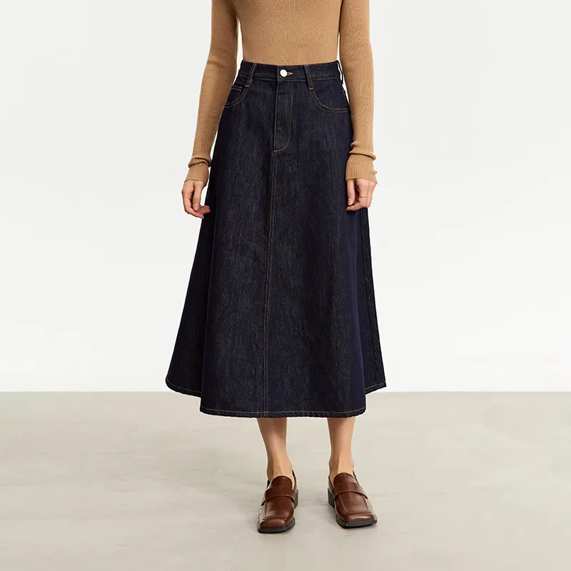 AMII Denim Long Skirts Women's Dark Denim Blue-3