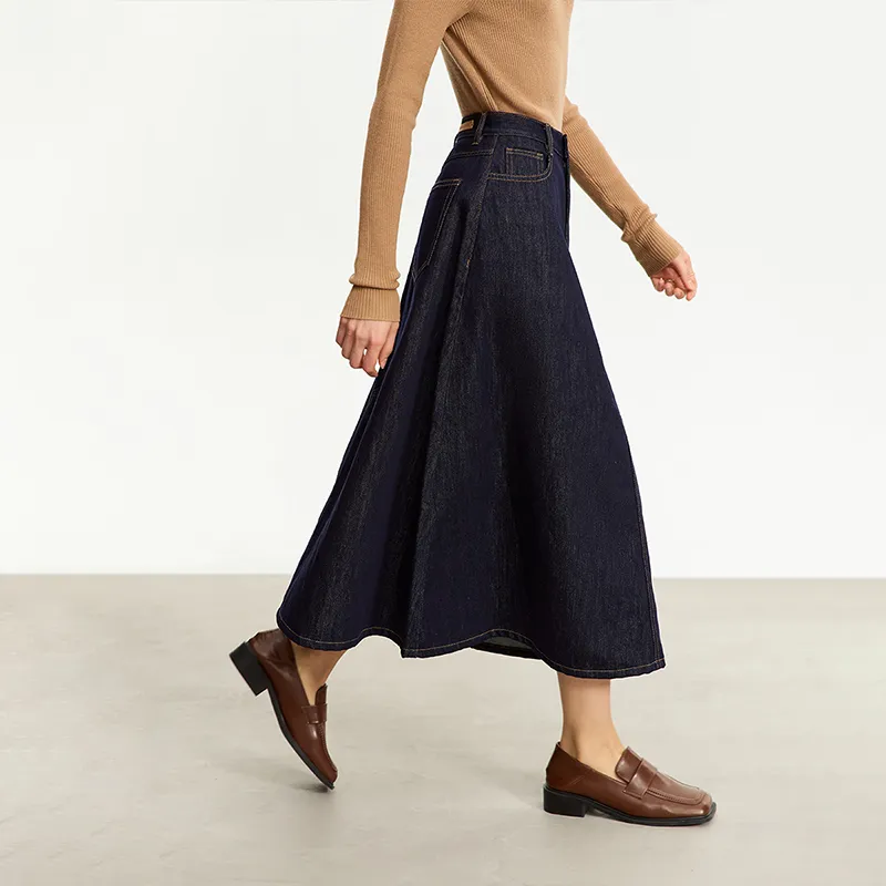 AMII Denim Long Skirts Women's Dark Denim Blue-2