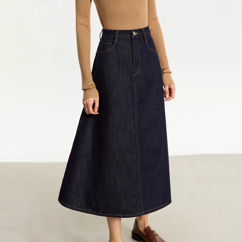 AMII Denim Long Skirts Women's Dark Denim Blue-4