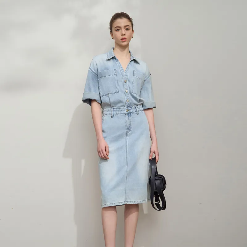AMII Short Sleeved Dress Women's Light Denim Blue-3