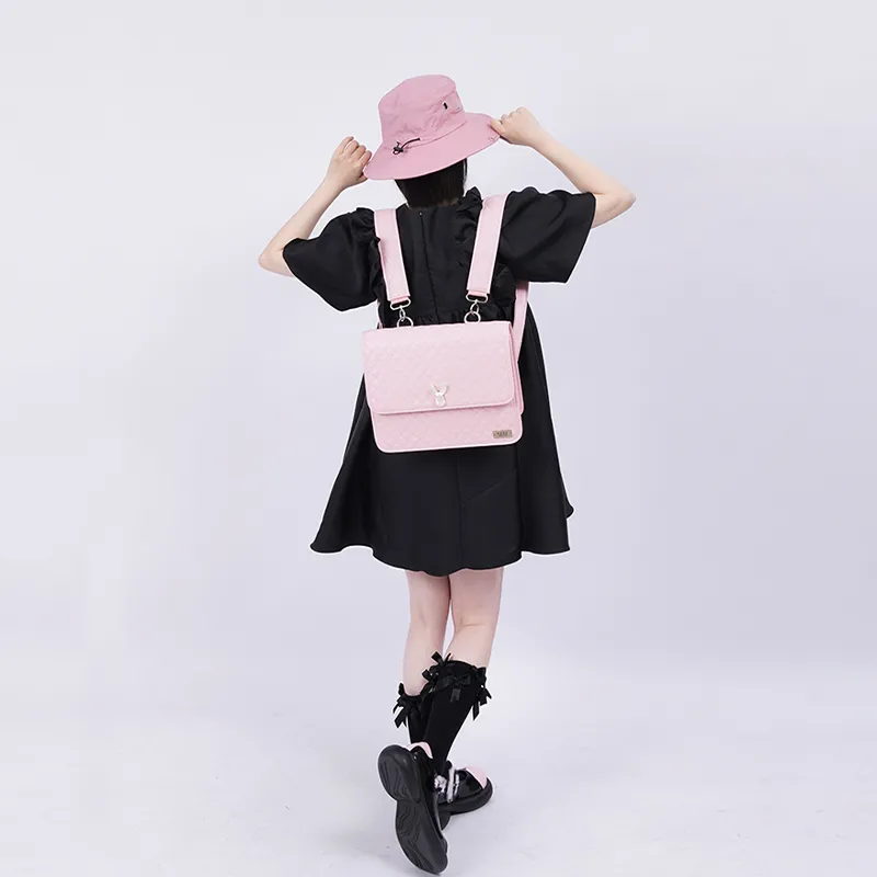 REBIRTH Microfiber Synthetic Leather Backpack Medium Size Women's Black/Pink-12