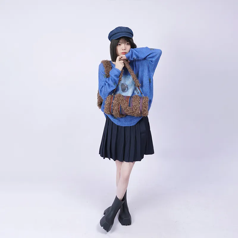 REBIRTH Denim Fabric With Eco Friendly Fleece Crossbody Cylinder Underarm Shoulder Bag Women's Multicolor-5