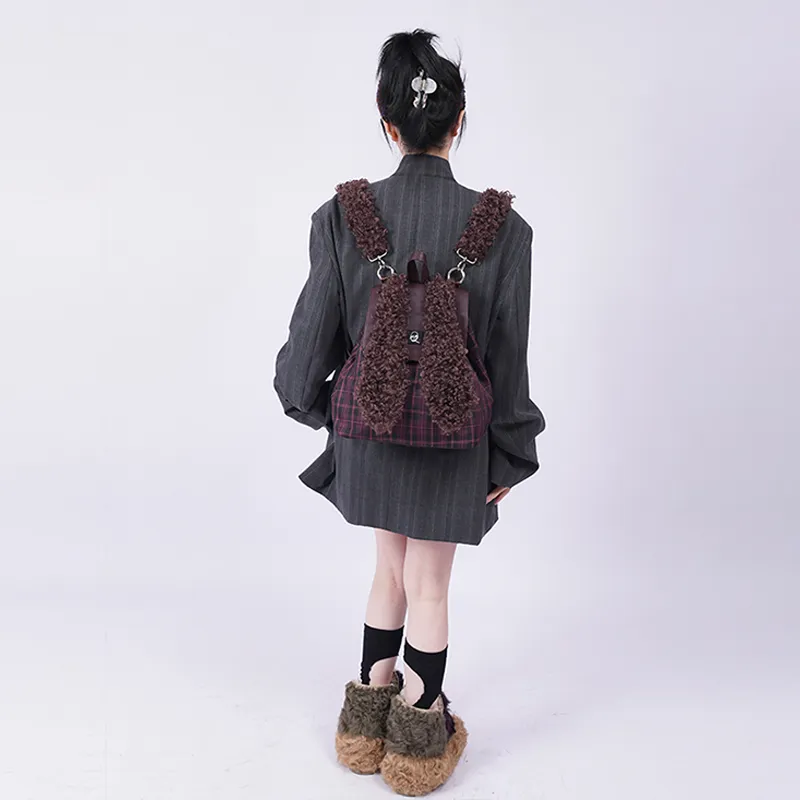 REBIRTH Imitation Denim Canvas Backpack Large Size Women's Fragrance Grey Rabbit Burgundy Rabbit-6