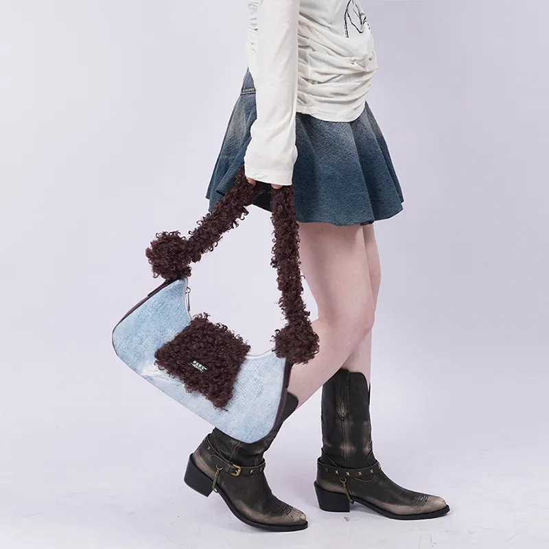 REBIRTH Faux Fur Crossbody Shoulder Bag Medium Size Women's Blue Denim Round Head-7