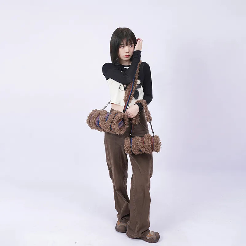 REBIRTH Denim Fabric With Eco Friendly Fleece Crossbody Cylinder Underarm Shoulder Bag Women's Multicolor-1