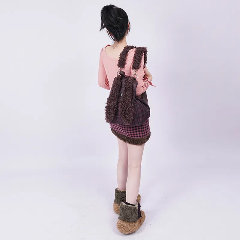 REBIRTH Imitation Denim Canvas Backpack Large Size Women's Fragrance Grey Rabbit Burgundy Rabbit-4