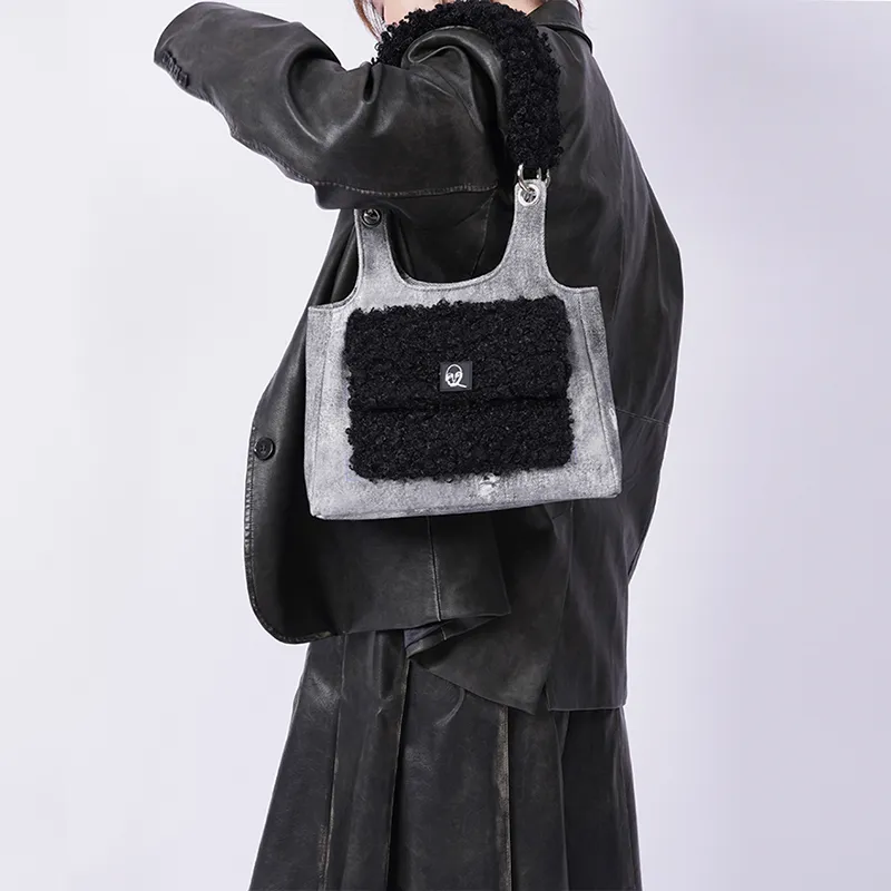 REBIRTH Denim Crossbody Bag, Shoulder Bag Women's Purple Brown Plaid/Black Denim/Blue Denim-8