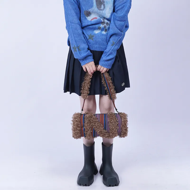 REBIRTH Denim Fabric With Eco Friendly Fleece Crossbody Cylinder Underarm Shoulder Bag Women's Multicolor-6