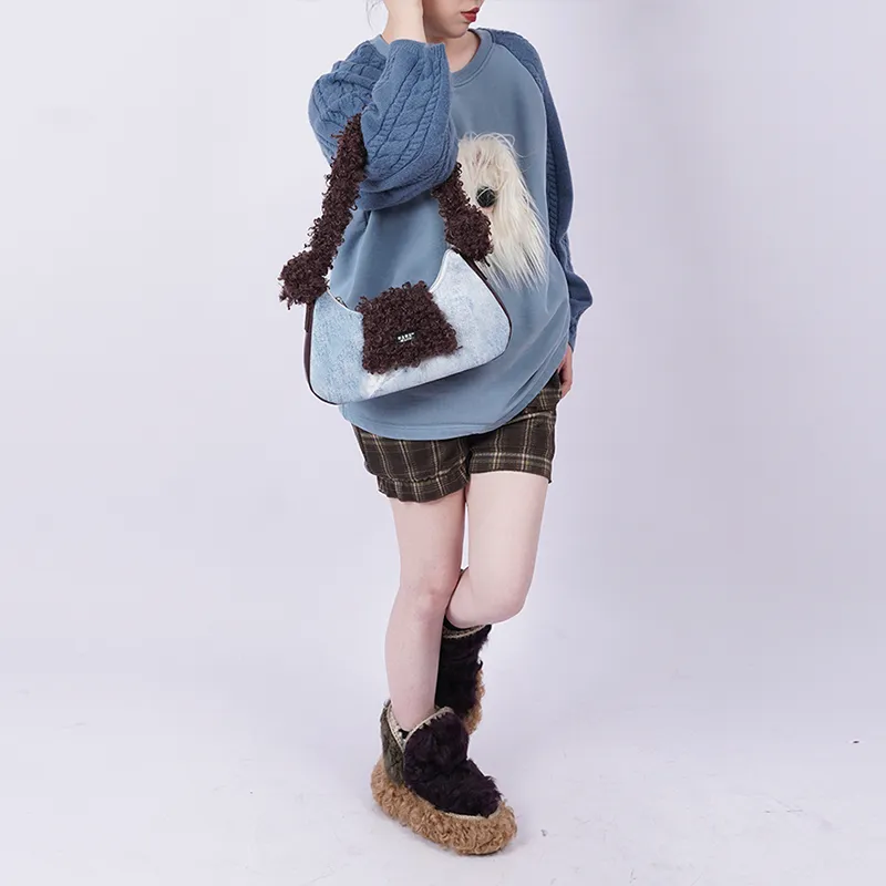 REBIRTH Faux Fur Crossbody Shoulder Bag Medium Size Women's Blue Denim Round Head-5
