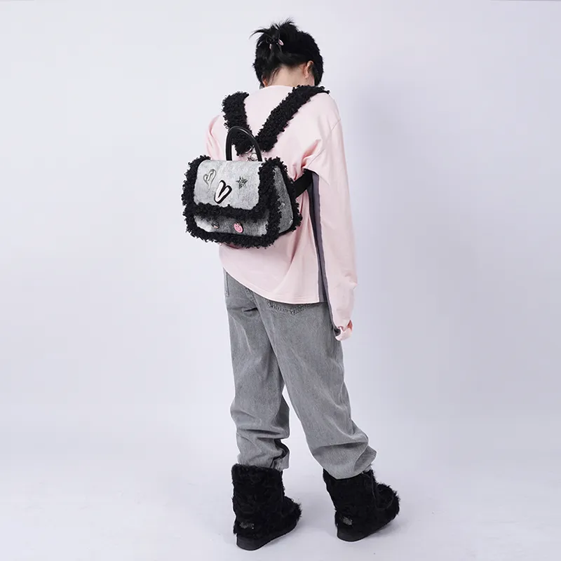 REBIRTH Polyester Cotton Blend Backpacks Medium Size Women's Gray Denim Patchwork-7