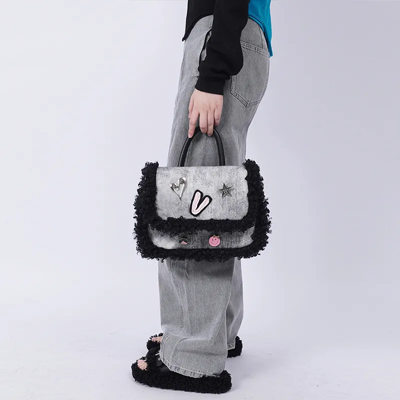 REBIRTH Polyester Cotton Blend Backpacks Medium Size Women's Gray Denim Patchwork-6