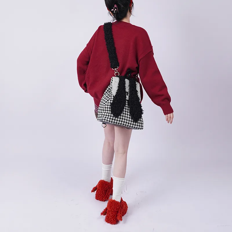 REBIRTH Imitation Denim Canvas Backpack Large Size Women's Fragrance Grey Rabbit Burgundy Rabbit-13