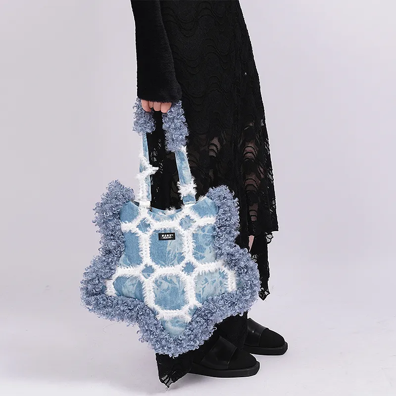 REBIRTH Denim Stars Shoulder Bag One Shoulder Crossbody Handbag Medium Size Women's Black/Blue-6