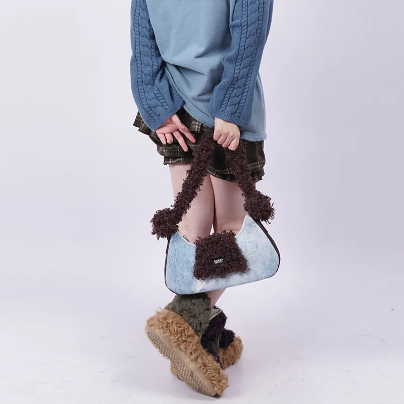 REBIRTH Faux Fur Crossbody Shoulder Bag Medium Size Women's Blue Denim Round Head-4