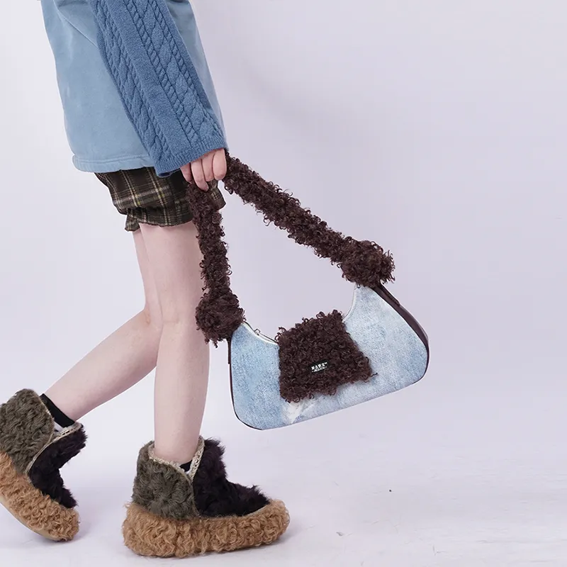 REBIRTH Faux Fur Crossbody Shoulder Bag Medium Size Women's Blue Denim Round Head-1