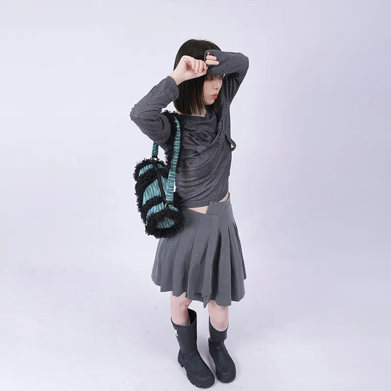 REBIRTH Denim Fabric With Eco Friendly Fleece Crossbody Cylinder Underarm Shoulder Bag Women's Multicolor-14