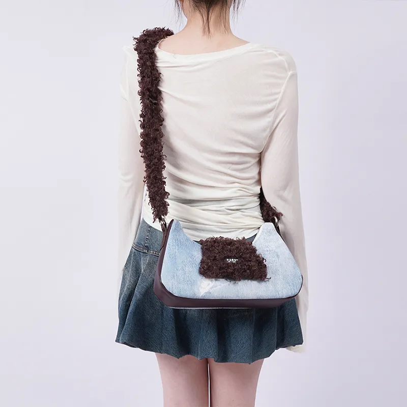 REBIRTH Faux Fur Crossbody Shoulder Bag Medium Size Women's Blue Denim Round Head-6