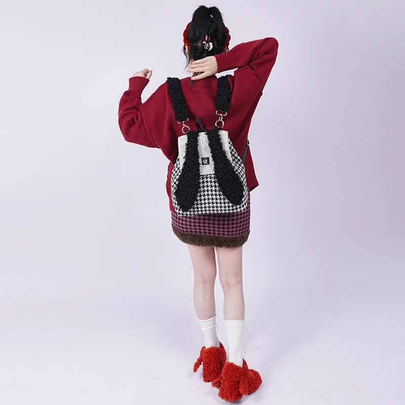 REBIRTH Imitation Denim Canvas Backpack Large Size Women's Fragrance Grey Rabbit Burgundy Rabbit-11