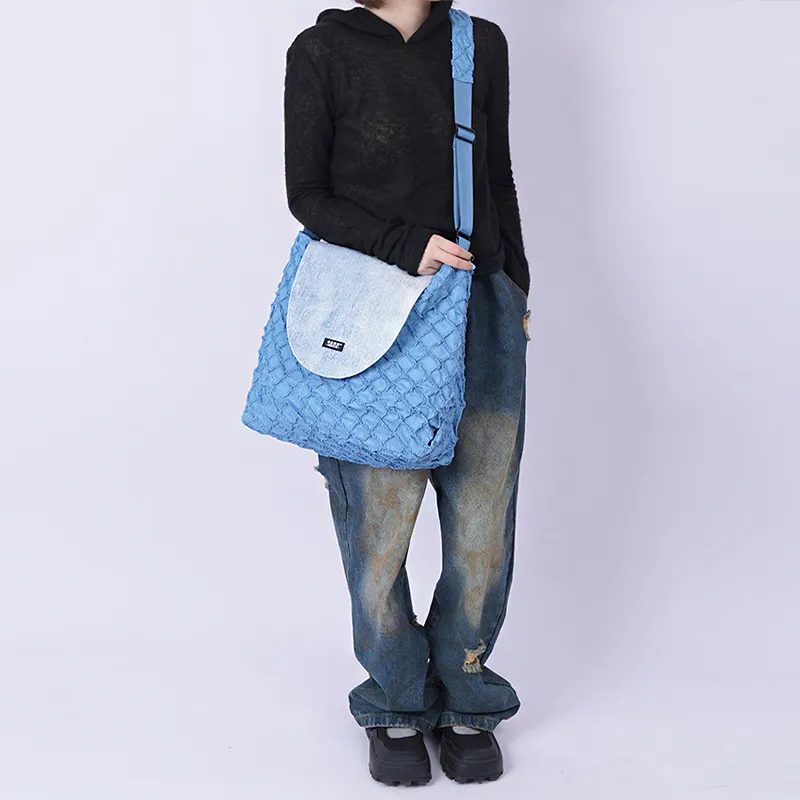 REBIRTH Cotton Crossbody Bag Unisex Denim Blue/Ink Jade Black-3