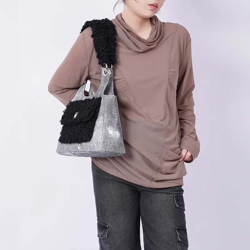 REBIRTH Denim Crossbody Bag, Shoulder Bag Women's Purple Brown Plaid/Black Denim/Blue Denim-7