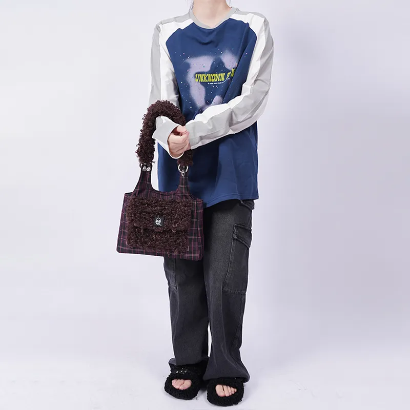 REBIRTH Denim Crossbody Bag, Shoulder Bag Women's Purple Brown Plaid/Black Denim/Blue Denim-4