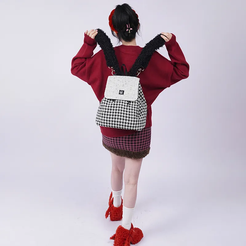 REBIRTH Imitation Denim Canvas Backpack Large Size Women's Fragrance Grey Rabbit Burgundy Rabbit-12