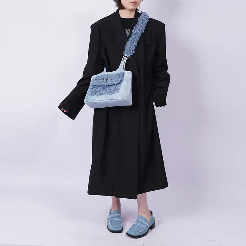 REBIRTH Denim Crossbody Bag, Shoulder Bag Women's Purple Brown Plaid/Black Denim/Blue Denim-12