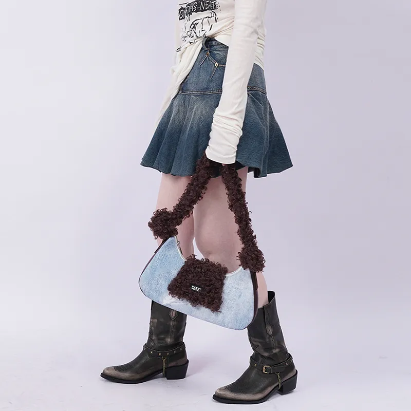 REBIRTH Faux Fur Crossbody Shoulder Bag Medium Size Women's Blue Denim Round Head-3