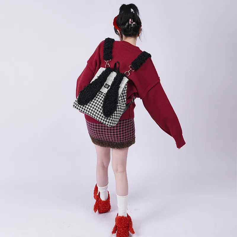 REBIRTH Imitation Denim Canvas Backpack Large Size Women's Fragrance Grey Rabbit Burgundy Rabbit-14