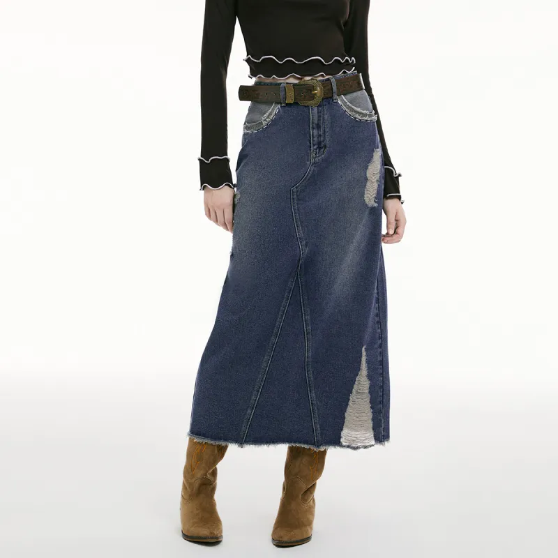 I'M ONE Denim Long Skirts Women's Vintage Denim Blue-4