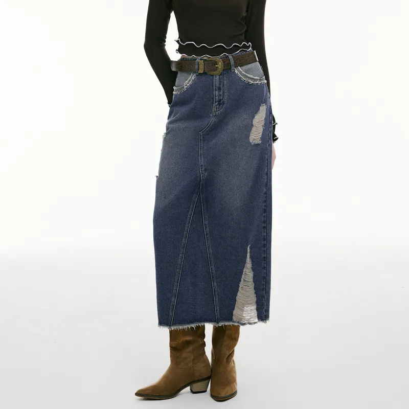 I'M ONE Denim Long Skirts Women's Vintage Denim Blue-2