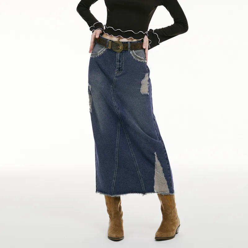 I'M ONE Denim Long Skirts Women's Vintage Denim Blue-5