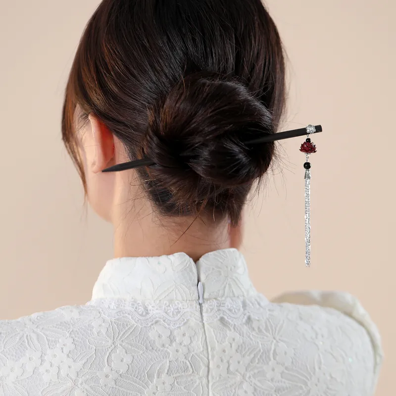 AGOVSKI Wooden+Alloy+Resin+Agate Black Hairpins Women's-4