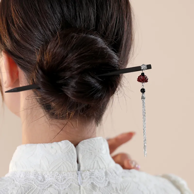AGOVSKI Wooden+Alloy+Resin+Agate Black Hairpins Women's-2