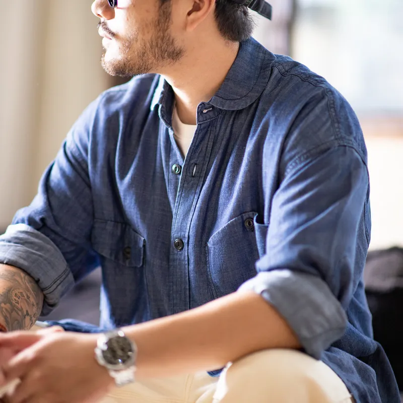 MADEN Shirts Men Denim Blue-7