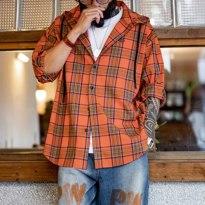 MADEN Shirt Men's Orange Red Plaid-5