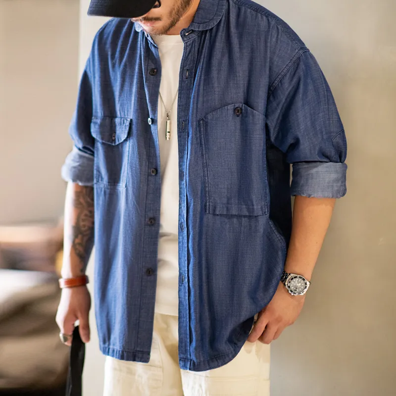 MADEN Shirts Men Denim Blue-4