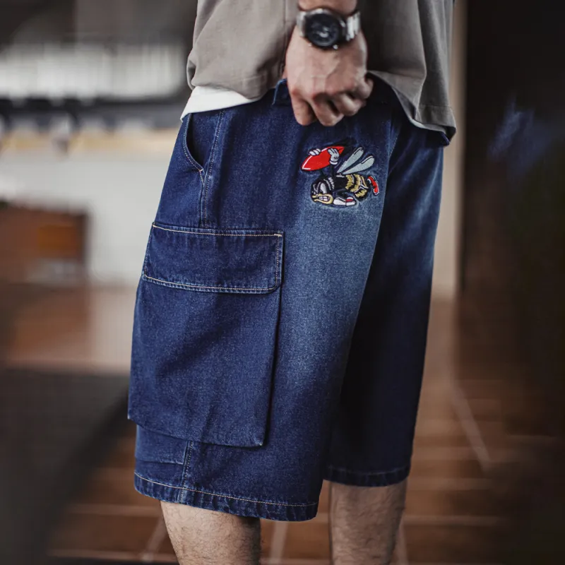 MADEN Denim Shorts Men's Washed Blue-3