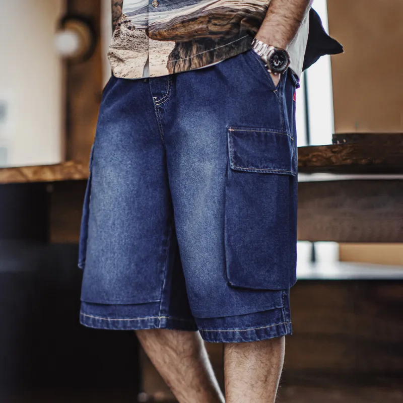 MADEN Denim Shorts Men's Washed Blue-4