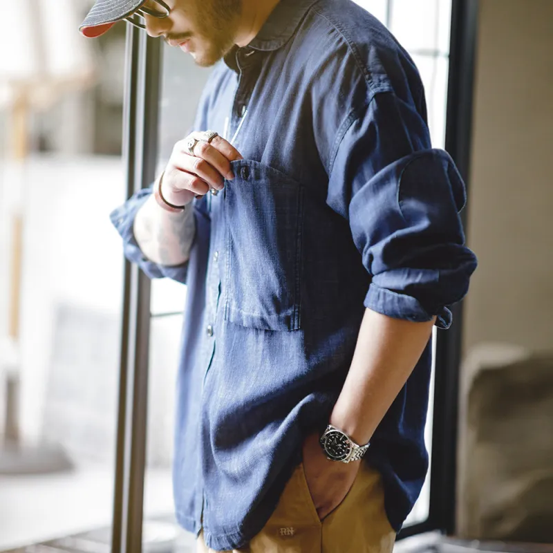 MADEN Shirts Men Denim Blue-6
