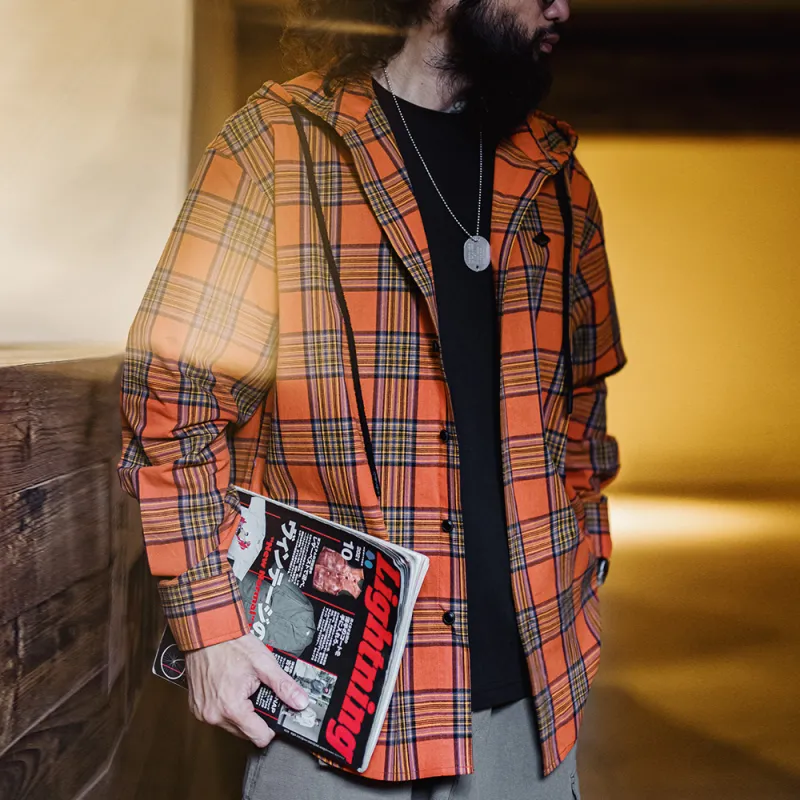 MADEN Shirt Men's Orange Red Plaid-6