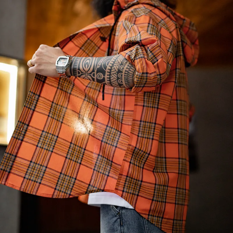 MADEN Shirt Men's Orange Red Plaid-4