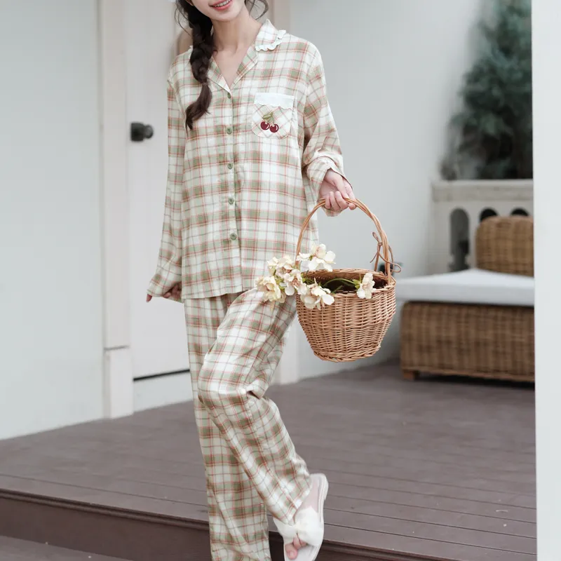 FENTENG Pajama Set Women's Green Plaid-4