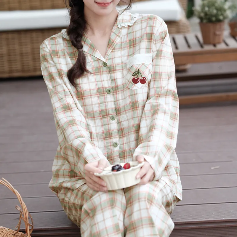 FENTENG Pajama Set Women's Green Plaid-2