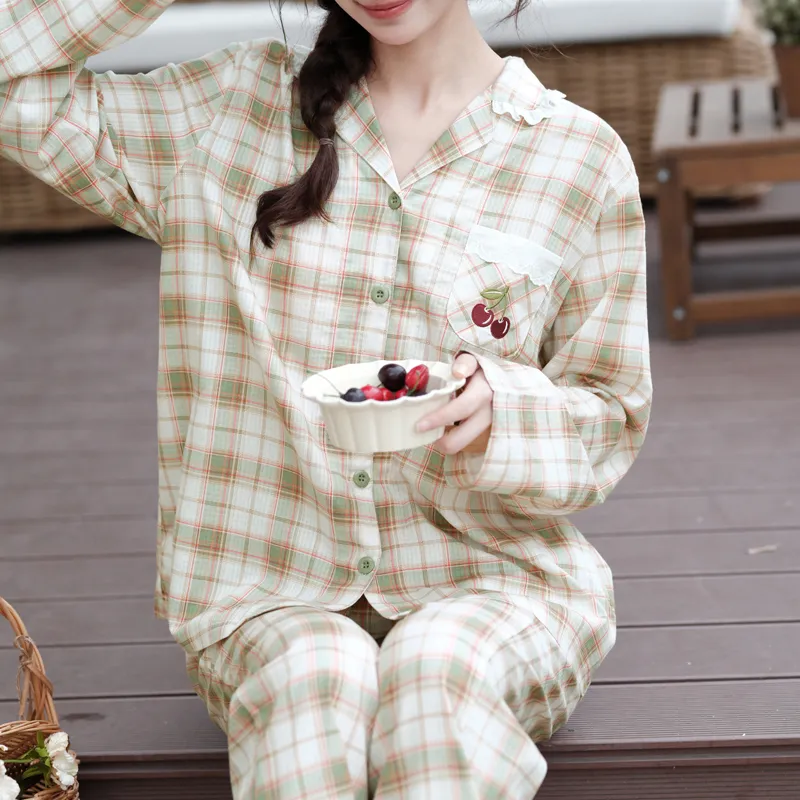 FENTENG Pajama Set Women's Green Plaid-3