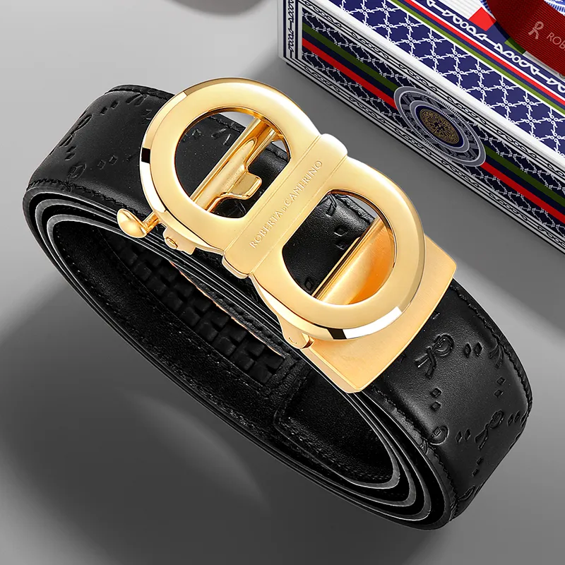 ROBERTA DI CAMERINO Top Grain Cow Leather Belts Men's Gold 3.45CM Writing A Greeting Card And Printing Photos-5