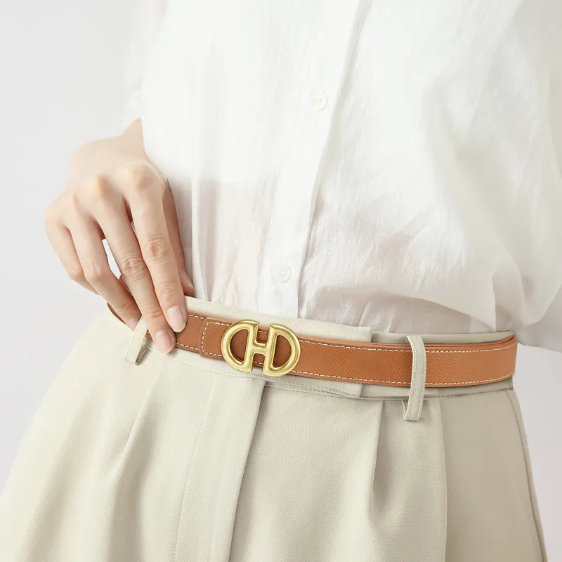 PIERRE CARDIN Split Cow Leather Alloy Leather Belts Women's Yellow Brown 2.4cm-4