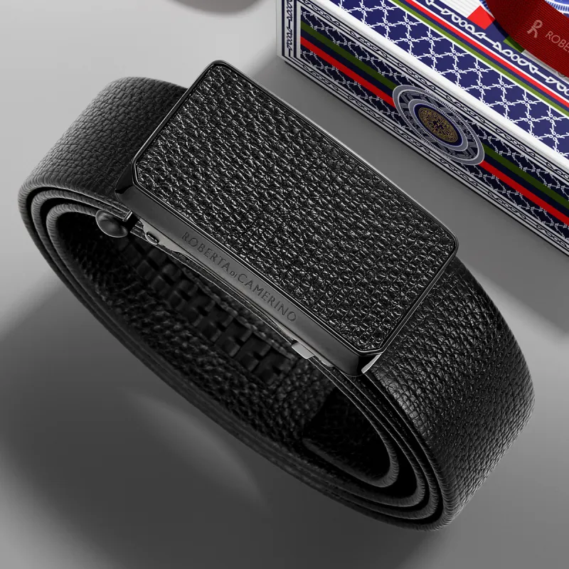 ROBERTA DI CAMERINO Top Grain Cow Leather Belts Men's Black 3.4CM Writing A Greeting Card With Printed Photos-4