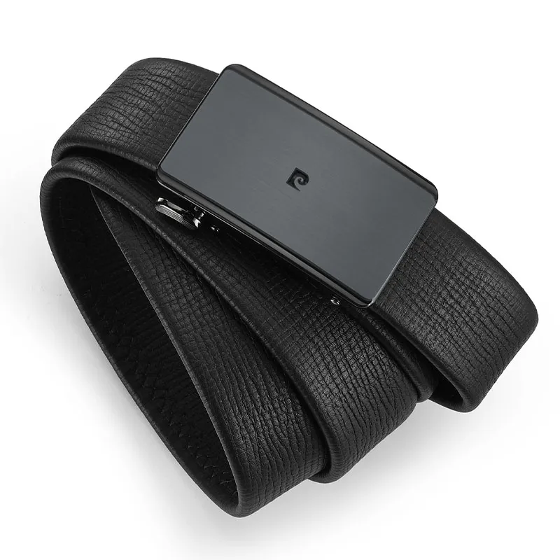 PIERRE CARDIN Top Grain Cow Leather Automatic Buckle Cut Out Brand Logo Men's Belt Men's Black 3.45cm-1