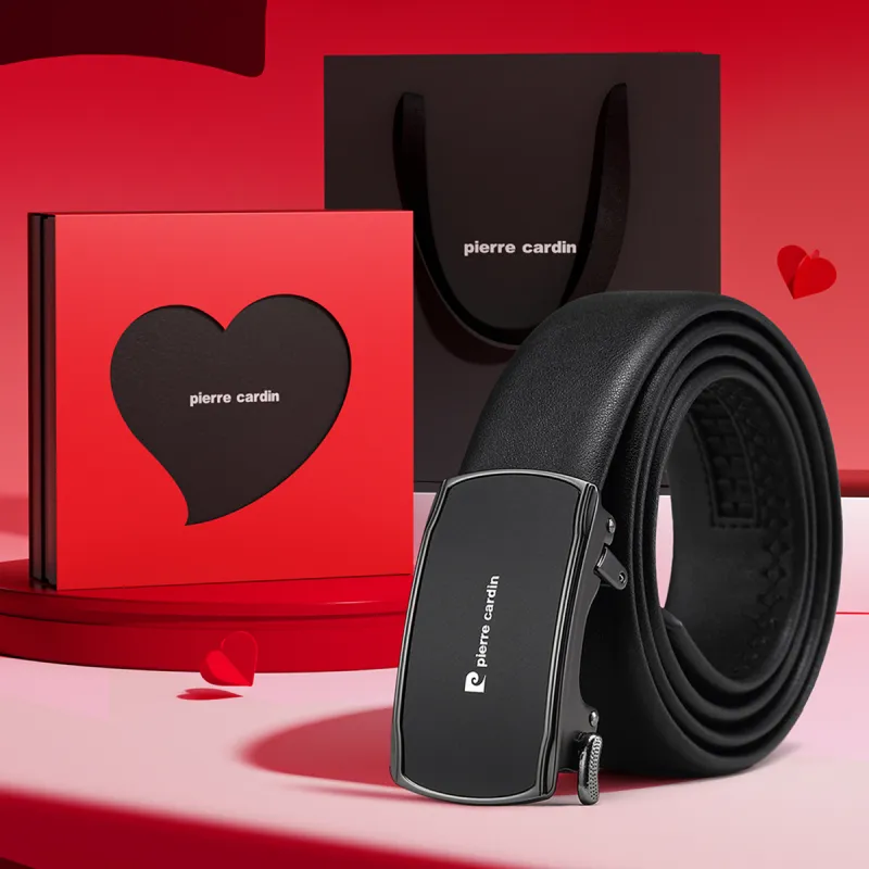 PIERRE CARDIN Top Grain Cow Leather Belt Gift For Husband's Birthday Style Men's Black 3.6cm-4